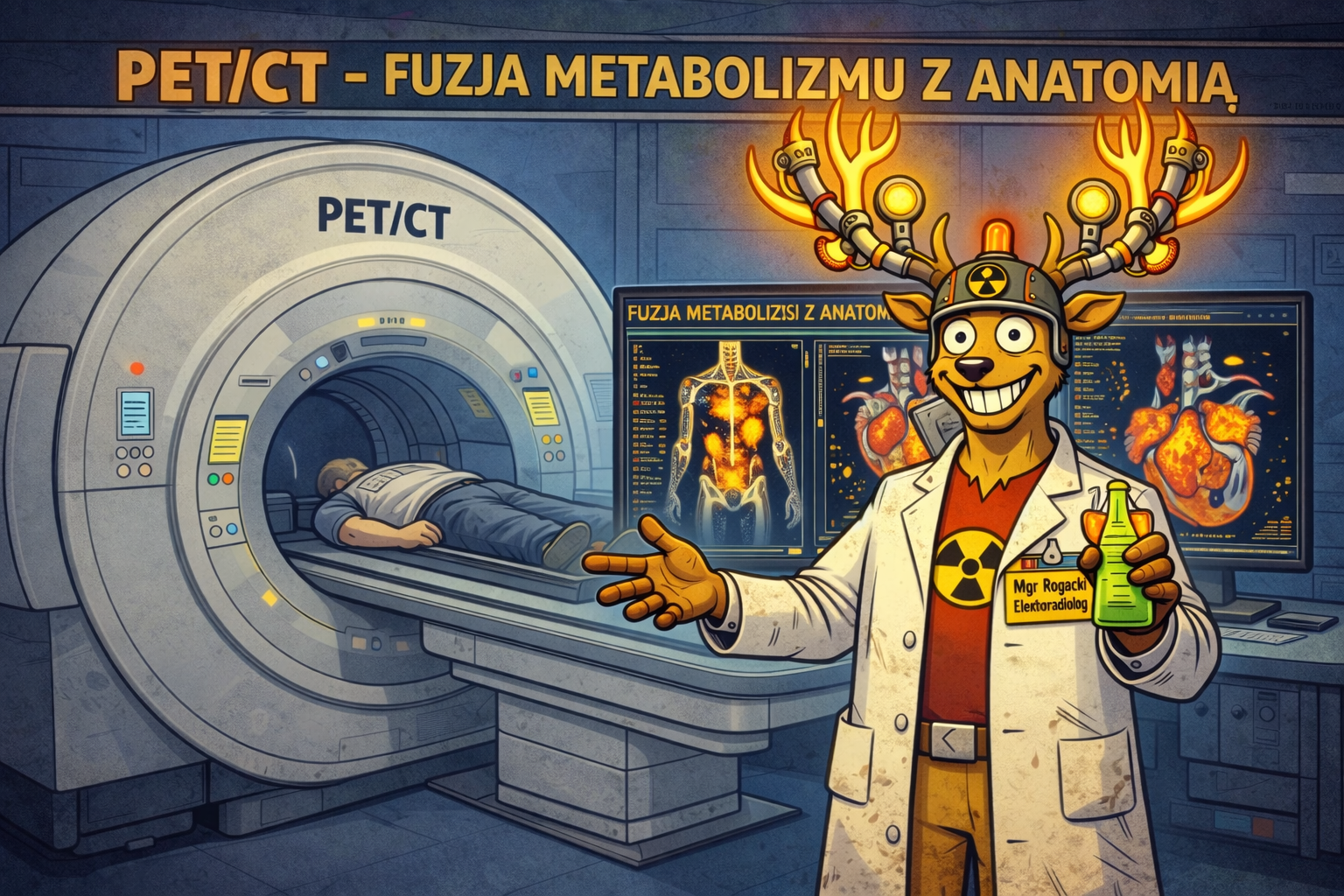 Ilustracja PET/CT z aparatem, pacjentem i radiologicznym jeleniem omawiającym fuzję metabolizmu z anatomią