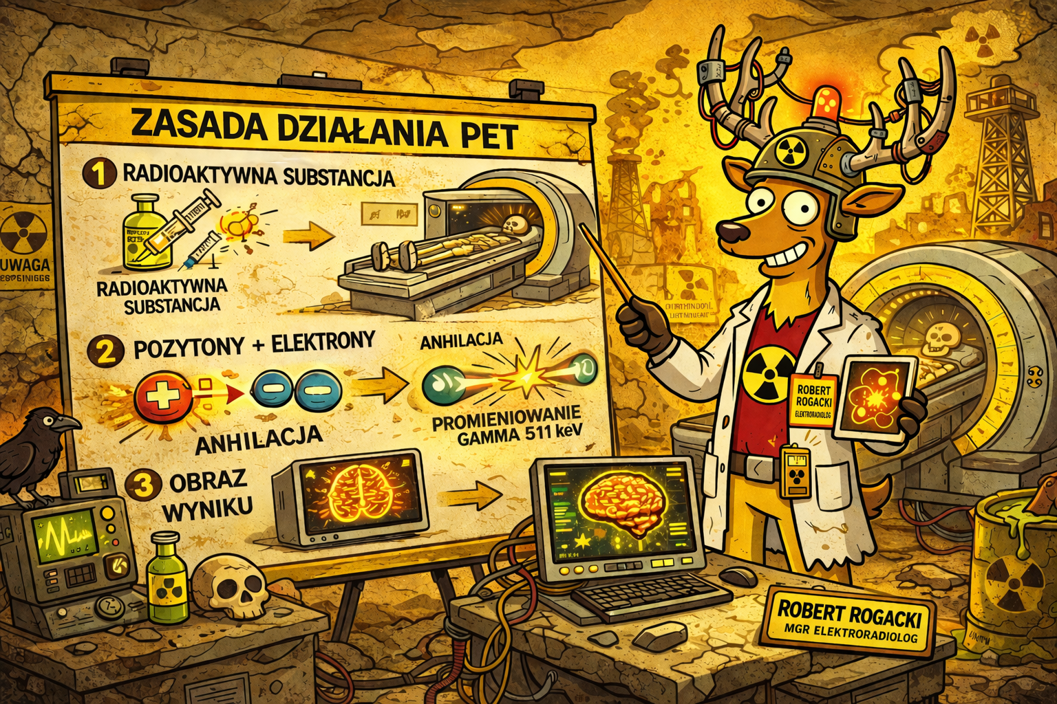 Ilustracja edukacyjna: zasada działania PET z radiofarmaceutykiem, anihilacją pozytonu i rekonstrukcją obrazu