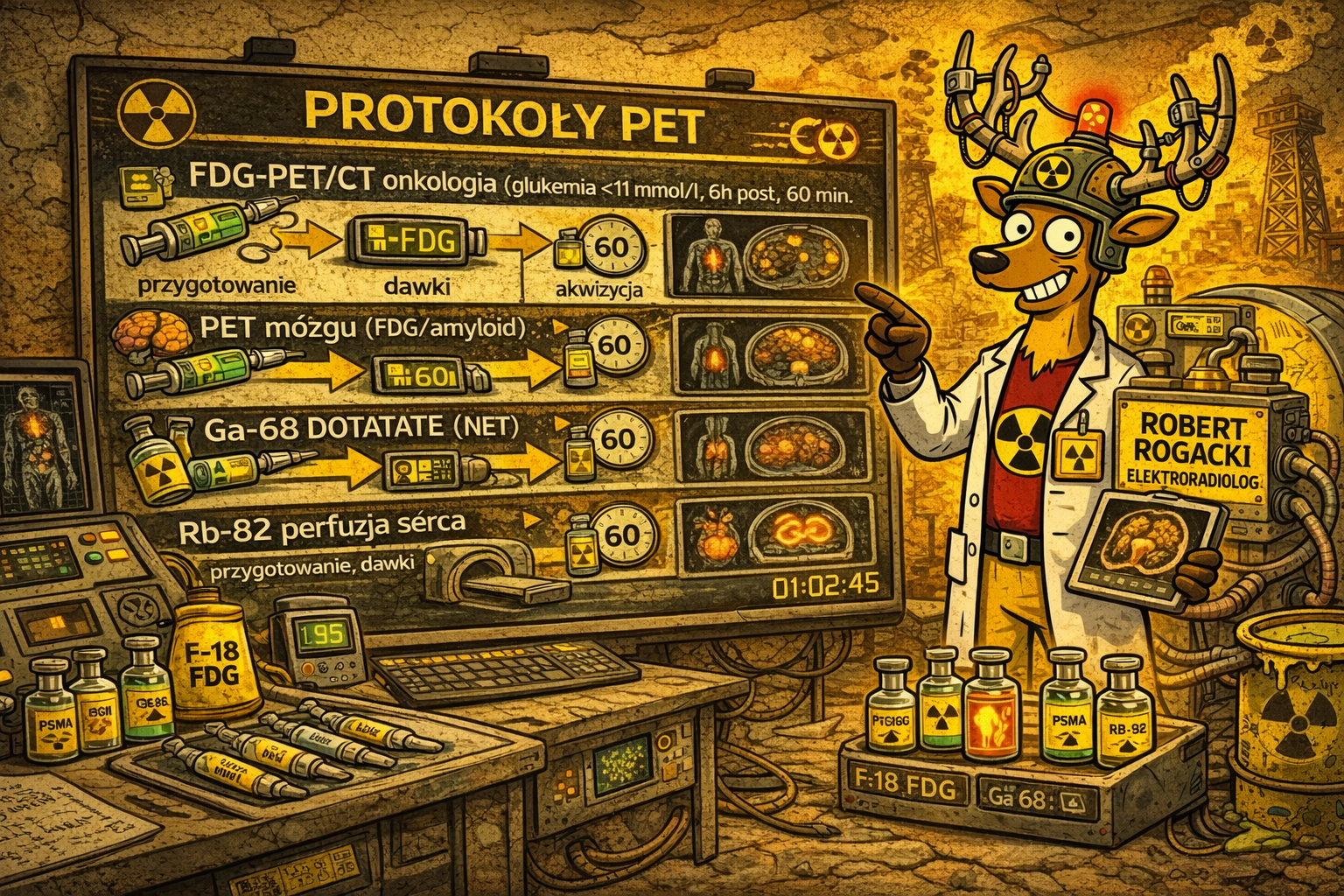 Plakat edukacyjny o protokołach PET z tablicą FDG PET/CT, PET mózgu, DOTATATE i Rb-82