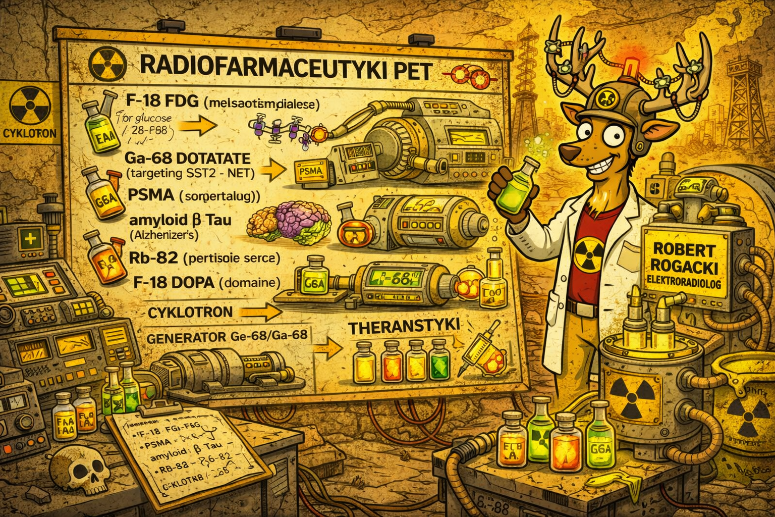 Plakat edukacyjny o radiofarmaceutykach PET z radiologicznym jeleniem, cyklotronem, generatorami i listą znaczników